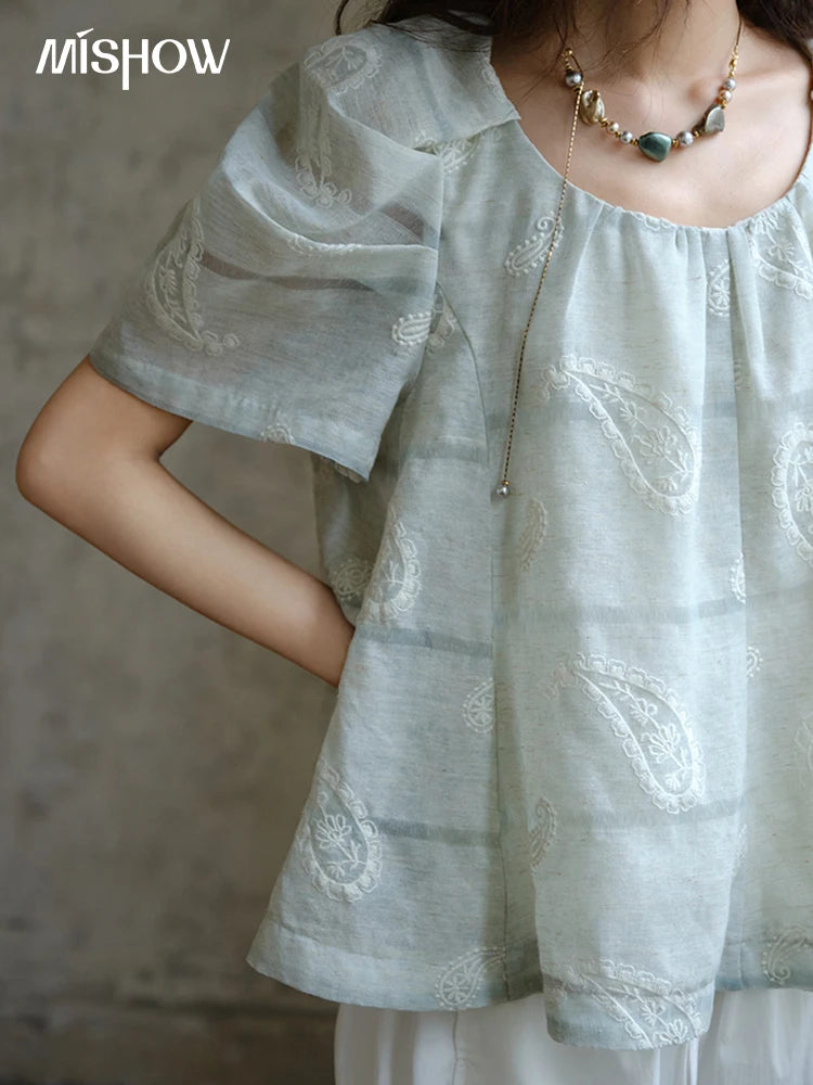MISHOW O-Neck Print Blouse Embroidery Puff Sleeve Loose MXE34X1807