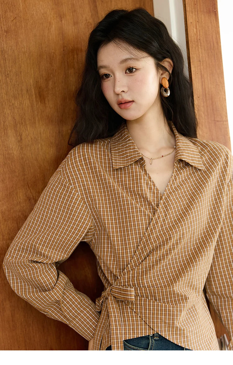 MISHOW Dark Orange Plaid Shirt Side Waist Lace-Up MXE46X2494
