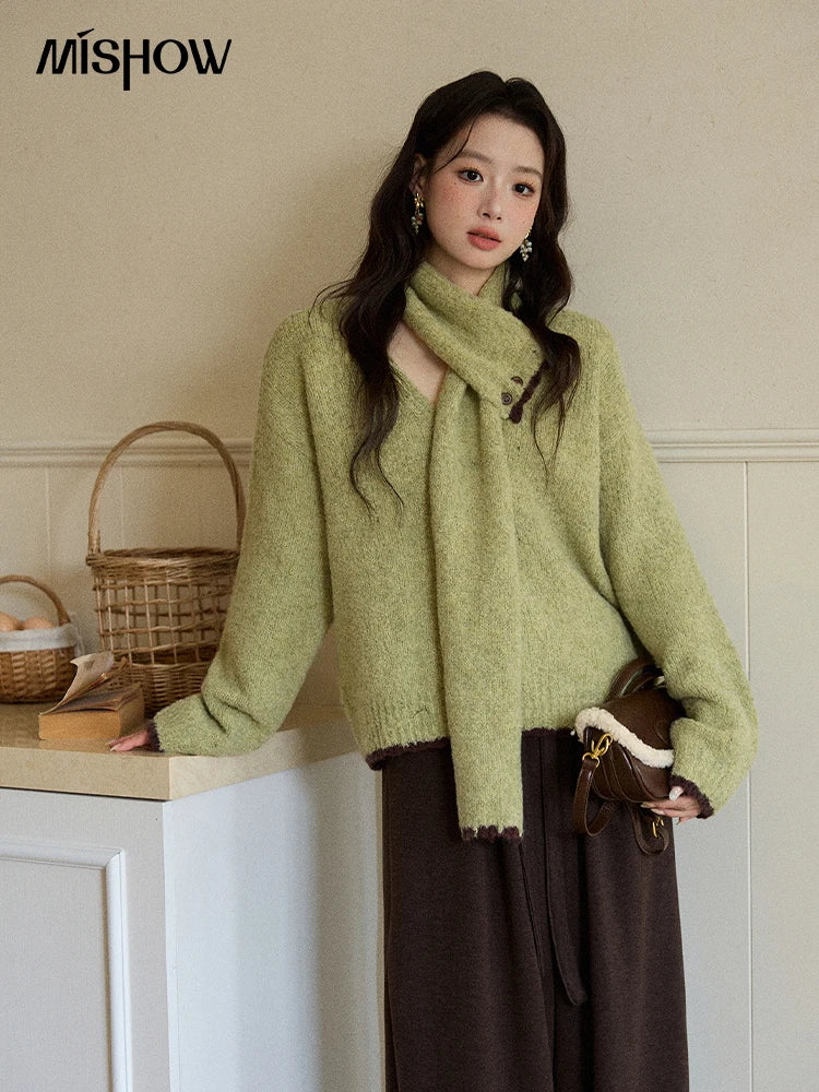 Mishow Green Detachable Scarf V-Neck Pullover MXE90Z2791