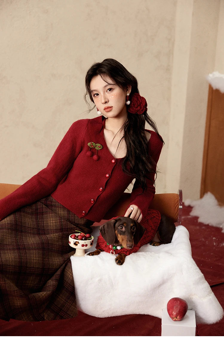 Mishow Red Cherry Ornament Slim V-Neck Cardigan MXD112Z1006