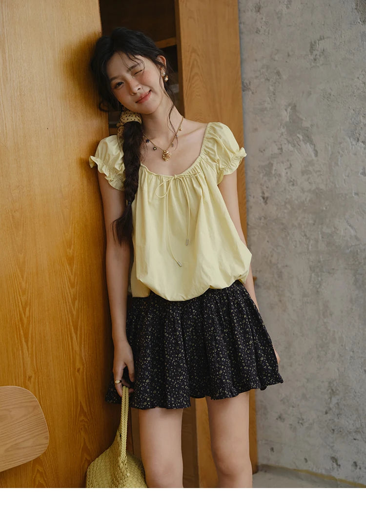 MISHOW Cotton Blouse Puff Sleeve Lace Up O-Neck MXE37X1893