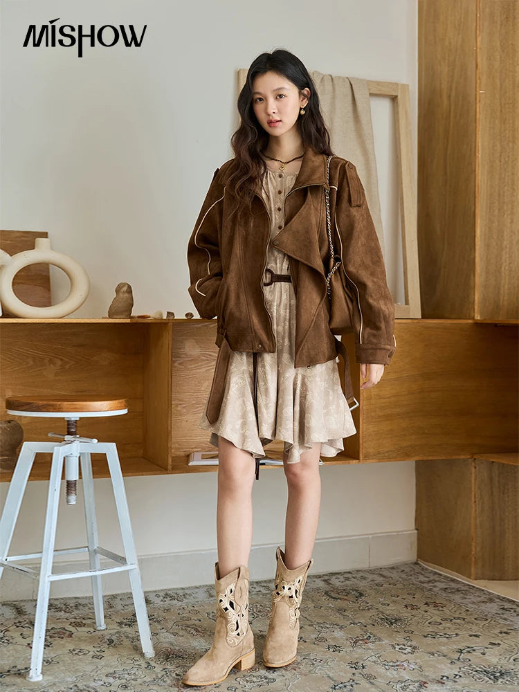 MISHOW Brown Suede Short Jacket Split Turn Down Collar MXE48W0850