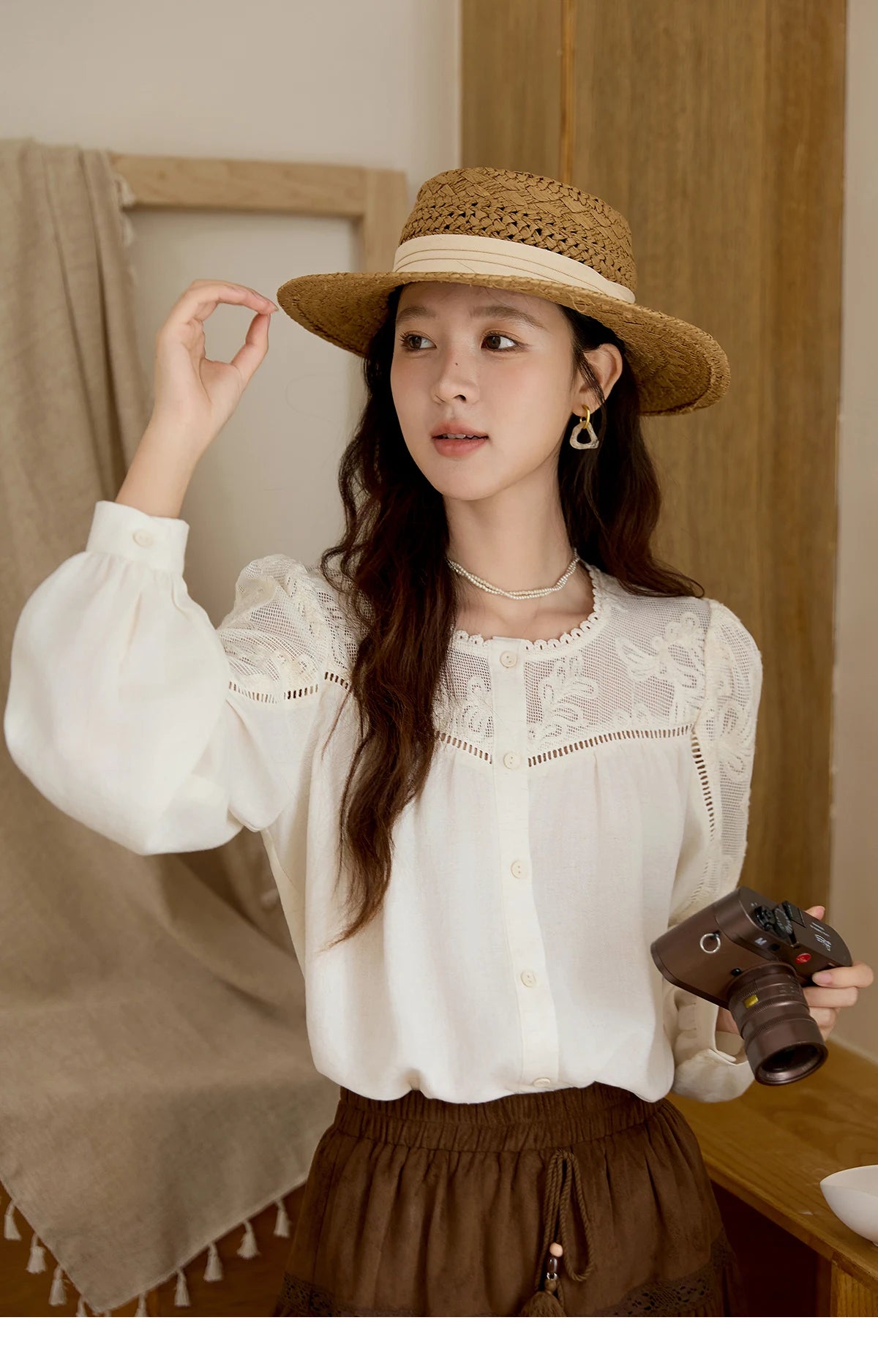 MISHOW Beige Hollow Out Embroidery Shirt O-Neck MXE44X2498