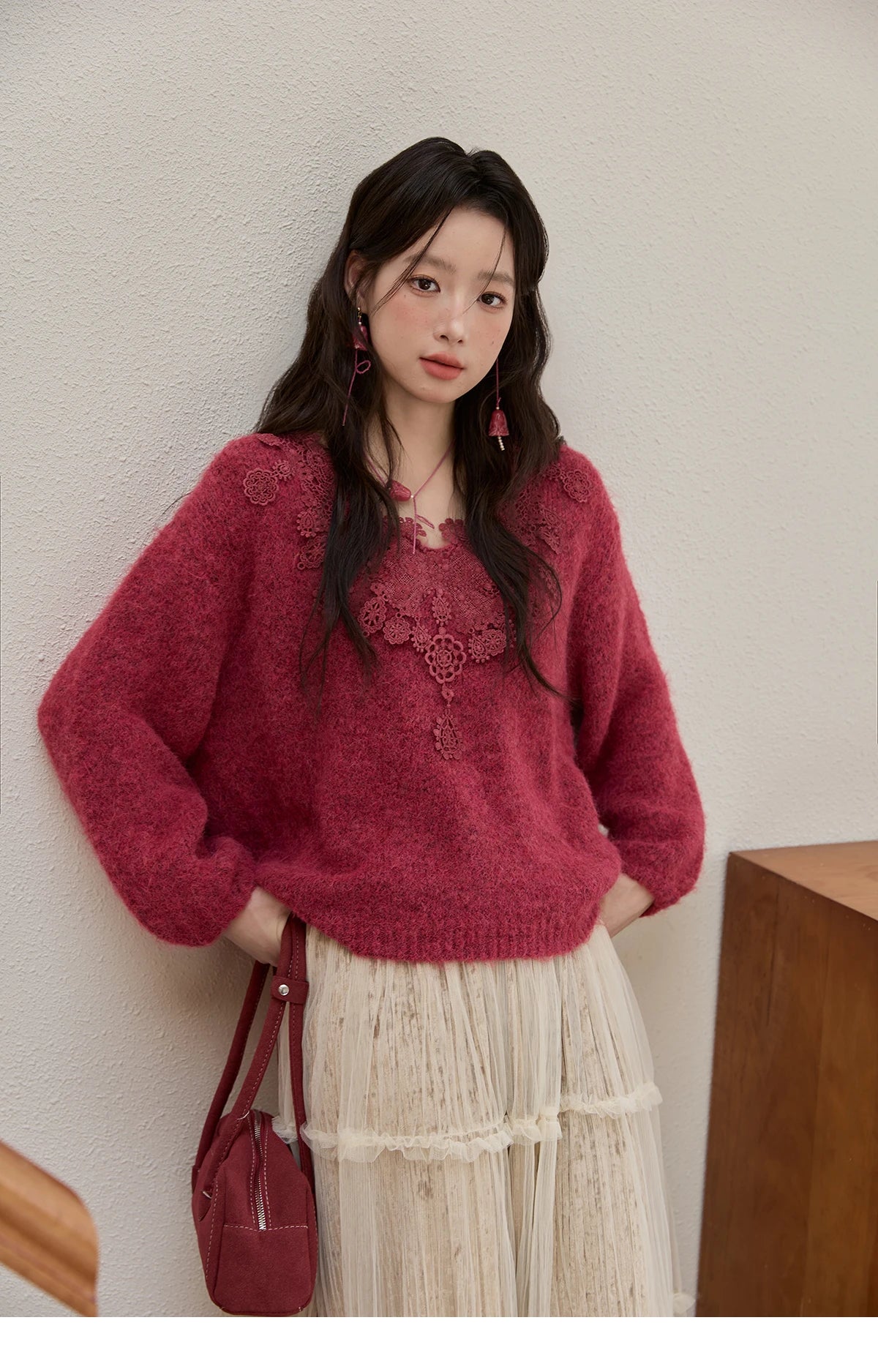 Mishow Pink Lace Wool V-Neck Lantern Sleeve Pullover MXE51Z2632