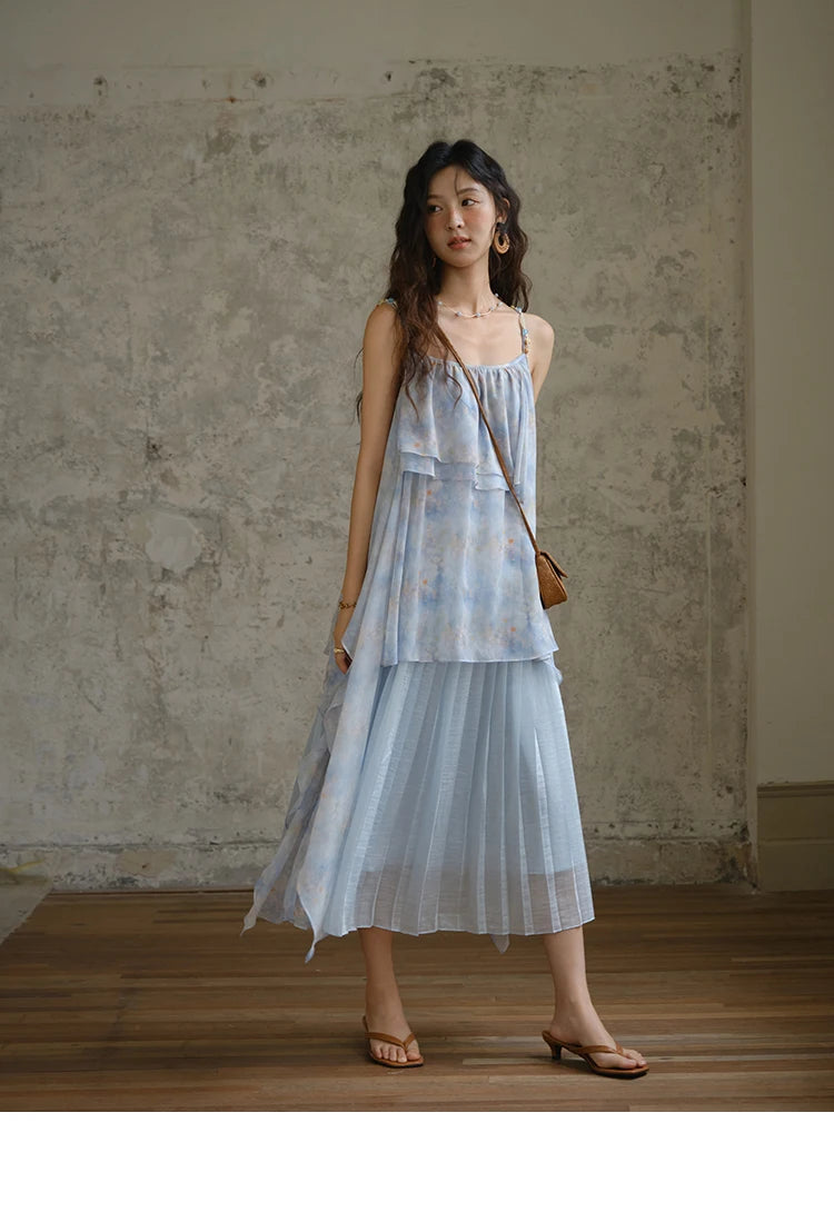 Mishow Print Strap Multi Layer Ruffle Dress MXE35L2233