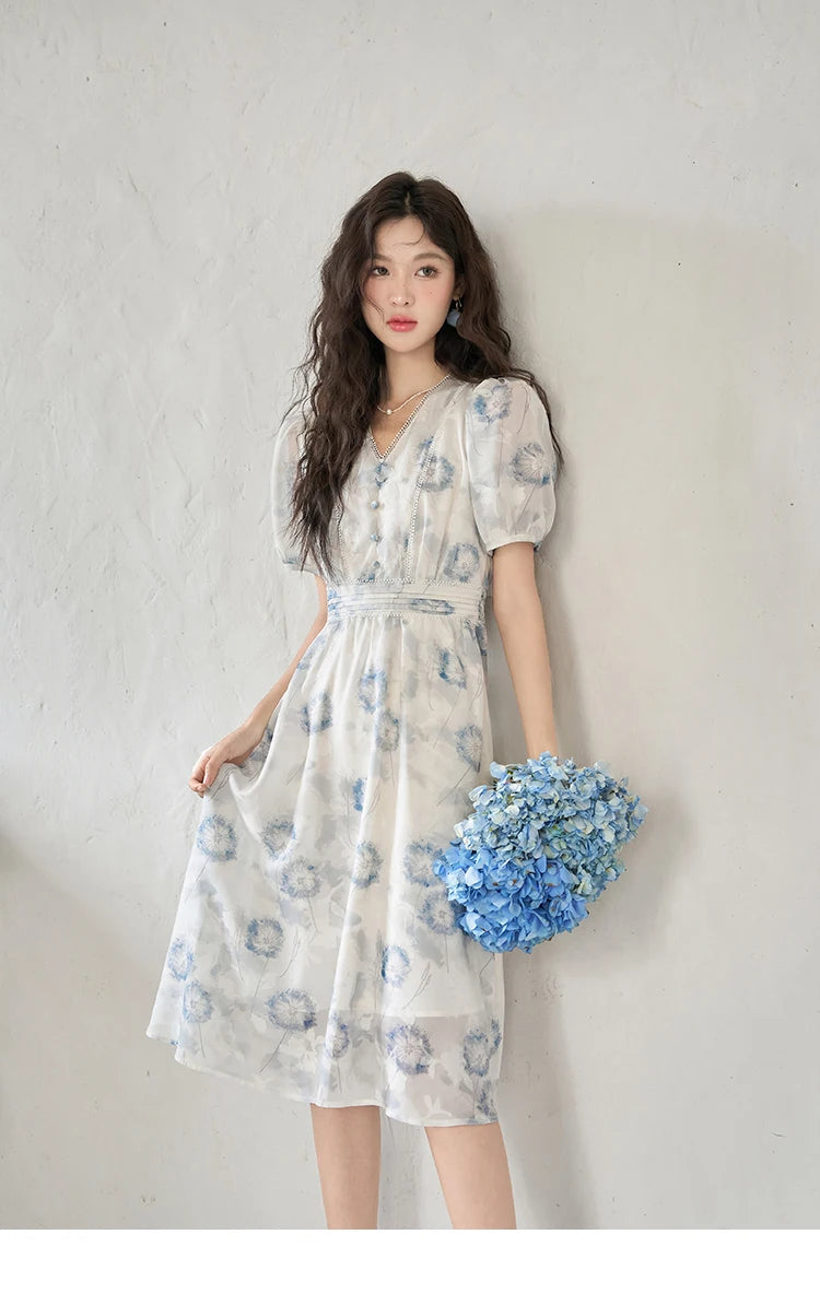 Mishow Taraxacum Print V-Neck Puff Sleeve Dress MXC39L1555