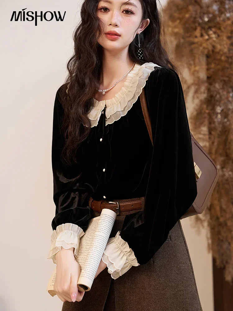 MISHOW French Retro Velvet Blouse Button Down O Neck MXC51X1323