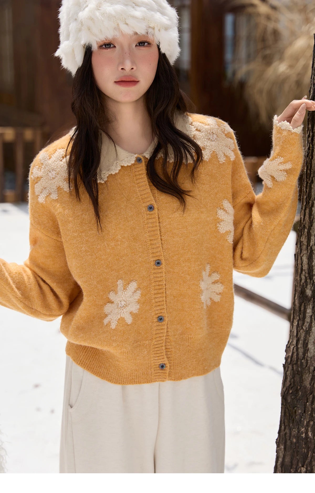 Mishow Yellow Retro Jacquard Turn-Down Collar Cardigan MXE88Z2691