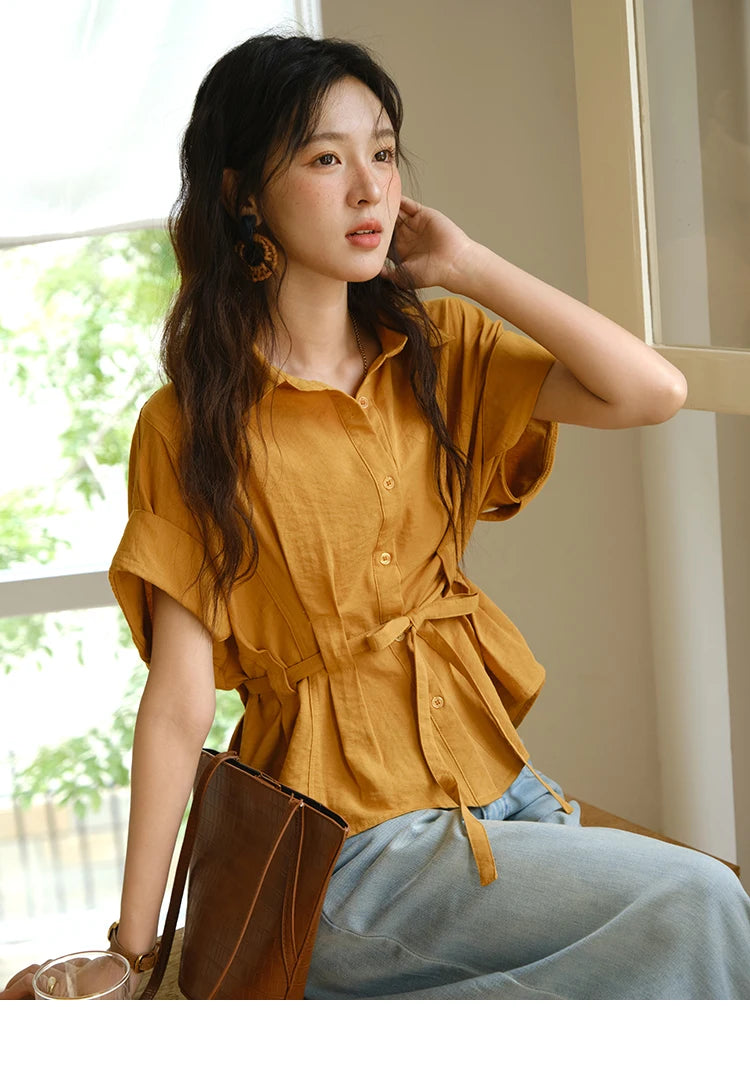MISHOW Orange Lace Up Button Shirt Turn-Down Collar MXE37C0809