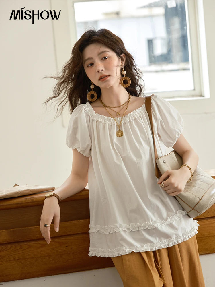 MISHOW Puff Sleeve Blouse Edible Tree Fungus Spliced MXE39X1929