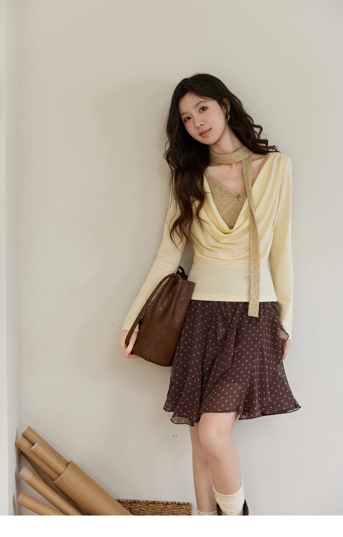 Mishow Wool Blend Fake Two Piece Draped Neck Top MXF13Z2977