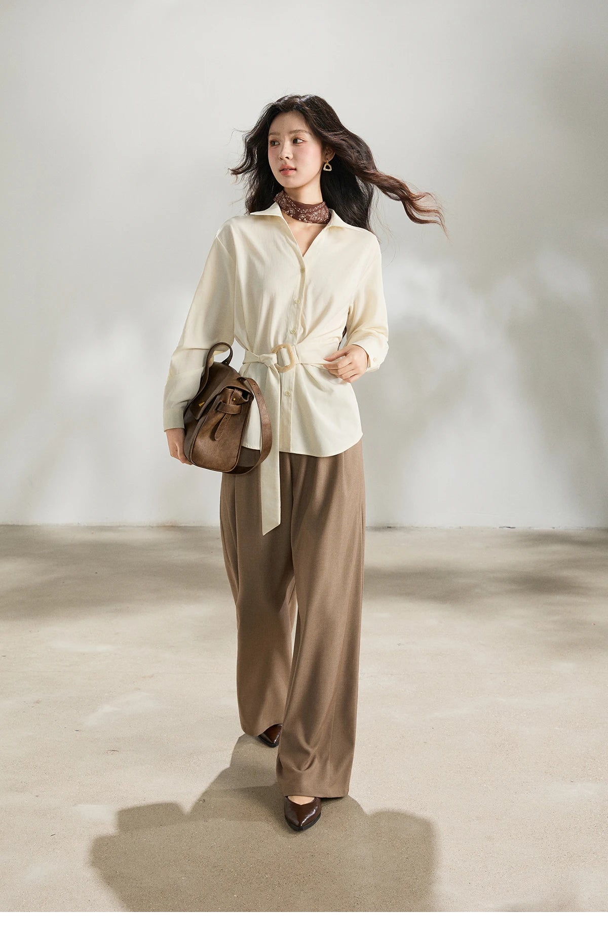 MISHOW Lapel Collar Shirt with Belted Waist Soft Beige MXF13C2452