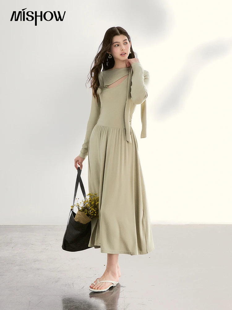 Mishow Light Green Cutout Neck Hollow Ribbon Dress MXF13L2556