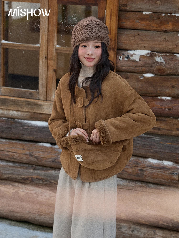 MISHOW Brown Round Neck Coat Button Pockets Loose Windproof MXE90W0994