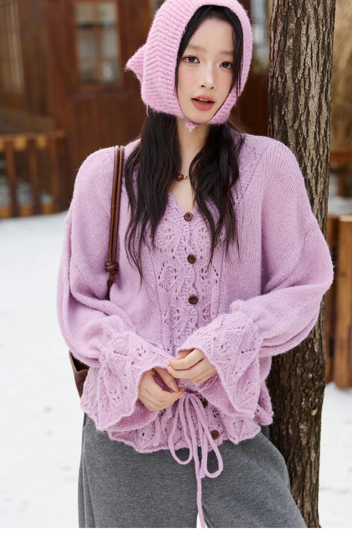 Mishow Hollow Knit V-Neck Flared Sleeve Cardigan MXE47Z2513