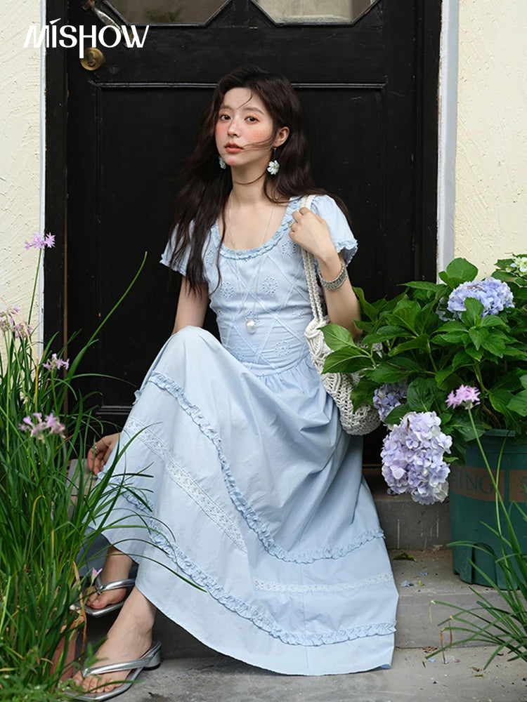 Mishow Blue Lace Mushroom Edge Puff Sleeve Dress MXE38L2348