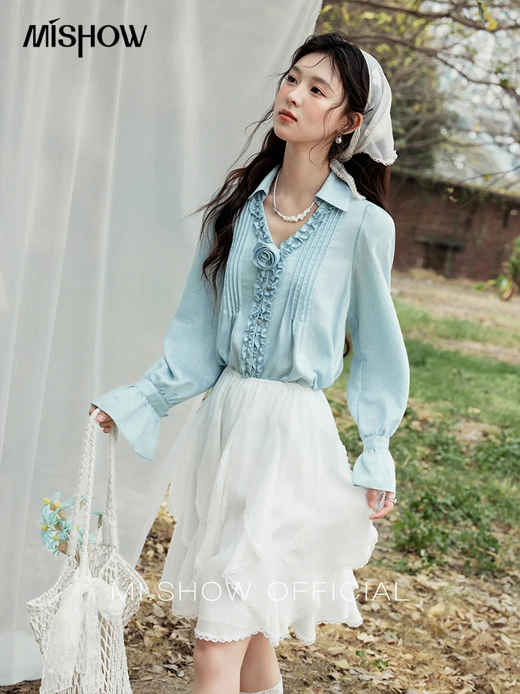 MISHOW V-Neck Long Flare Sleeve Solid Blouse MXE14X1730