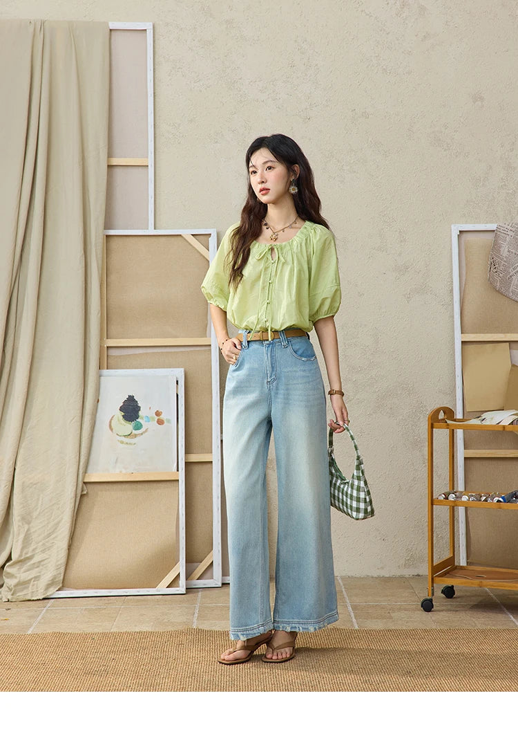 MISHOW Round Neck Blouse Lace Up Puff Sleeve MXE36X1875