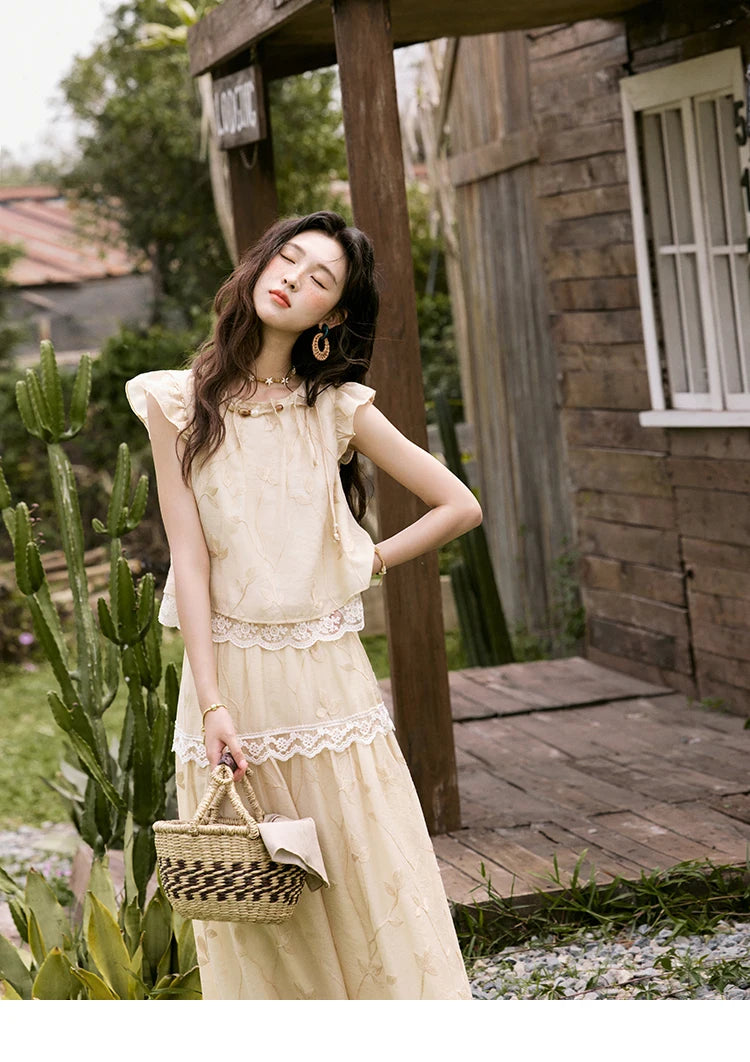 Mishow Short Flying Sleeve Top & Hollow Embroidery A-Line Skirt Set MXE33T0545