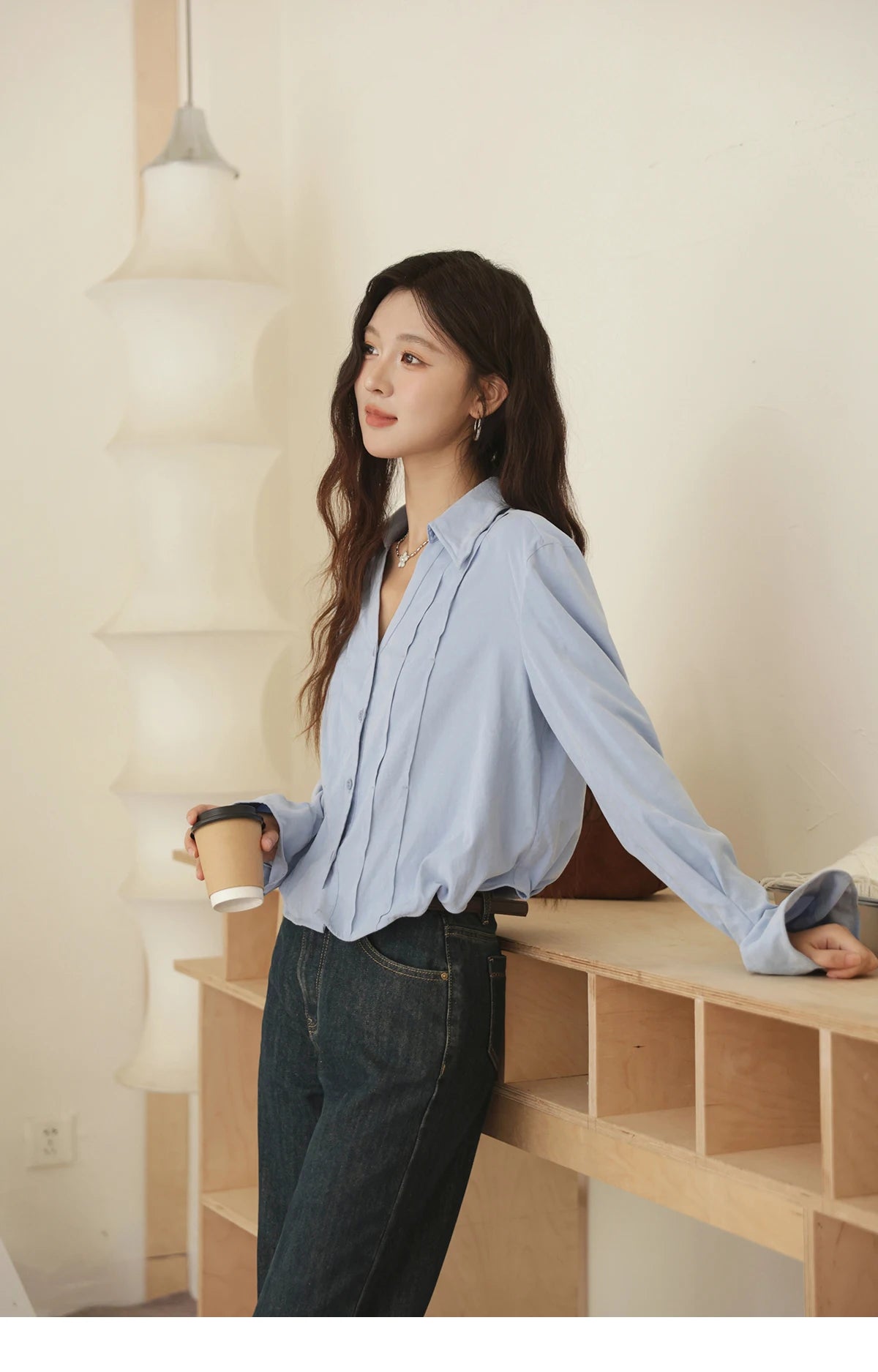 MISHOW Blue Peach Skin Velvet Shirt Lapel V-Neck Pleated Cuffs MXE44C2392