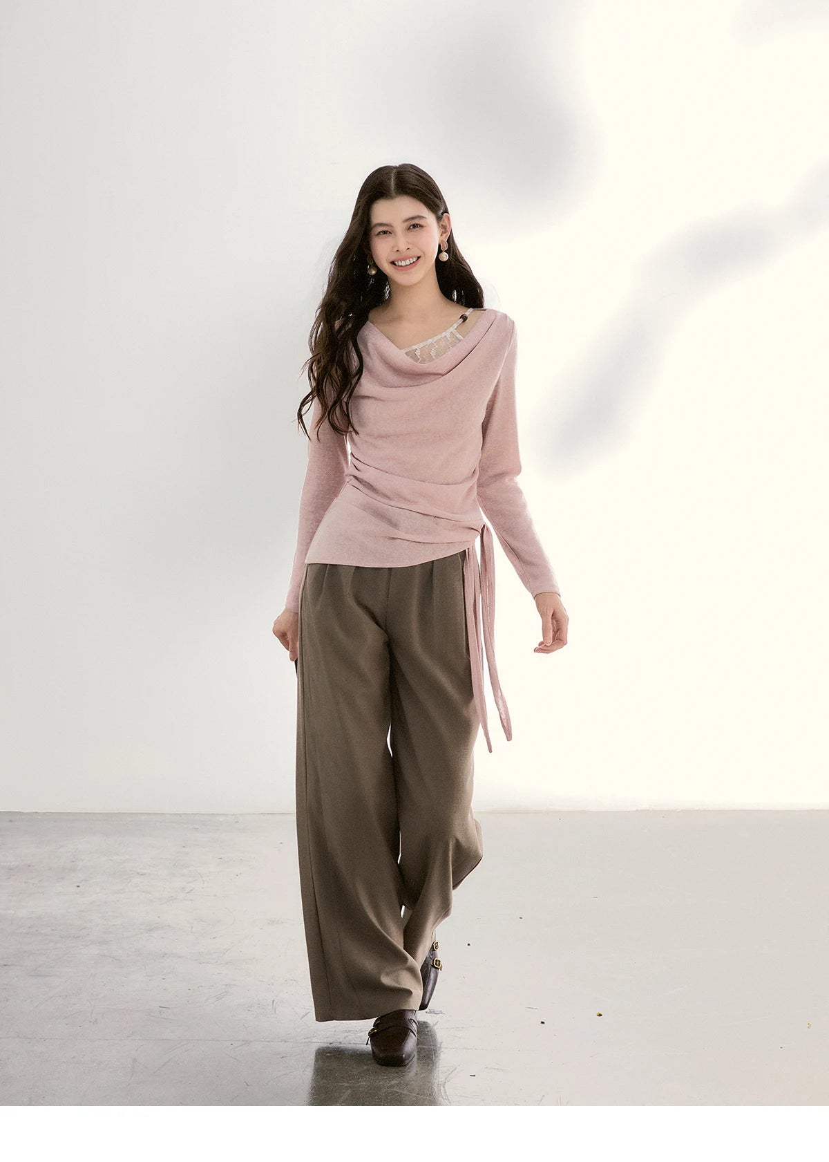Mishow Lace Trim Draped Neck Side Tie Top MXF13Z2995