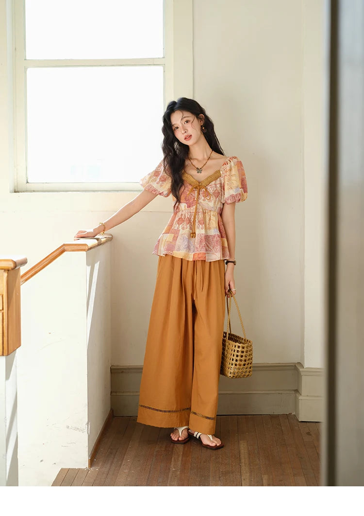 MISHOW V-Neck Lace Up Patchwork Blouse Puff Sleeve Floral Print MXE38X1911