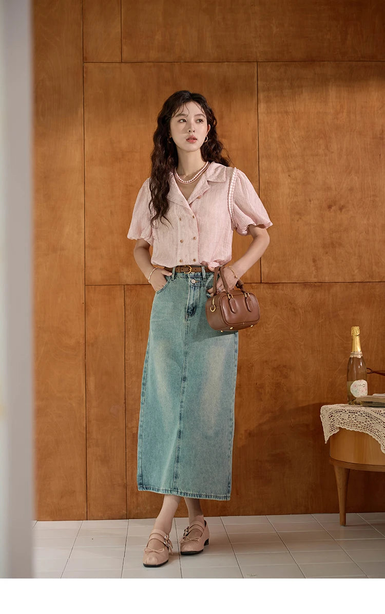 MISHOW Retro Pink Short Sleeve Shirt Ruffled Edge MXD29C0273