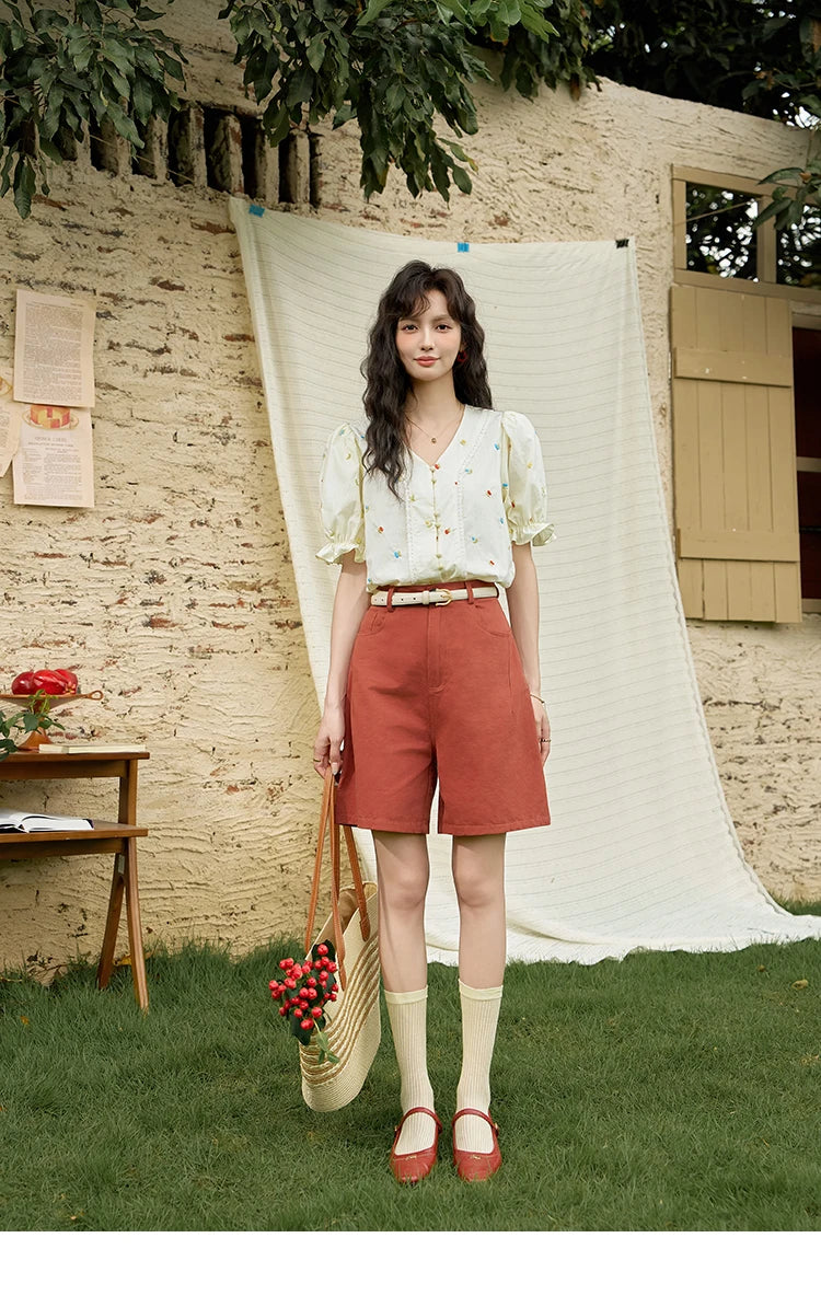 MISHOW 100% Cotton Square Neck Blouse Embroidered Lace Patchwork Puff Sleeve MXD22X1420