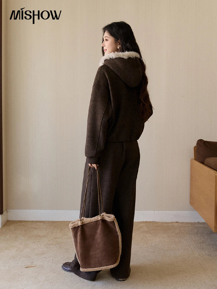Mishow Brown Faux Fur Hood Sweatshirt & Wide Leg Pants Set MXE94T1476