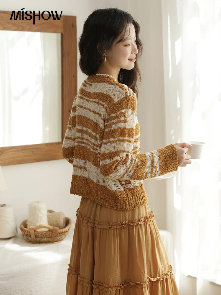 Mishow Retro Yellow Striped V-Neck Cardigan MXE44Z2516
