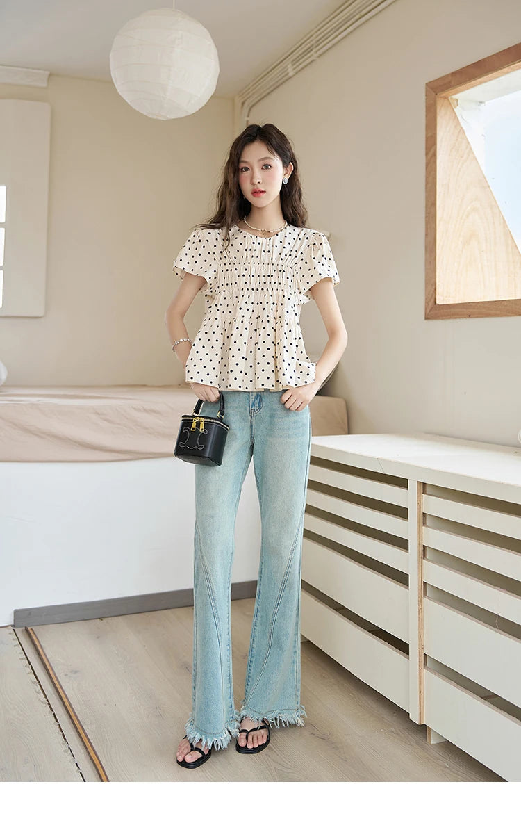 MISHOW Polka Dot Blouse Flying Sleeve O Neck Elastic Folds MXC39X1291