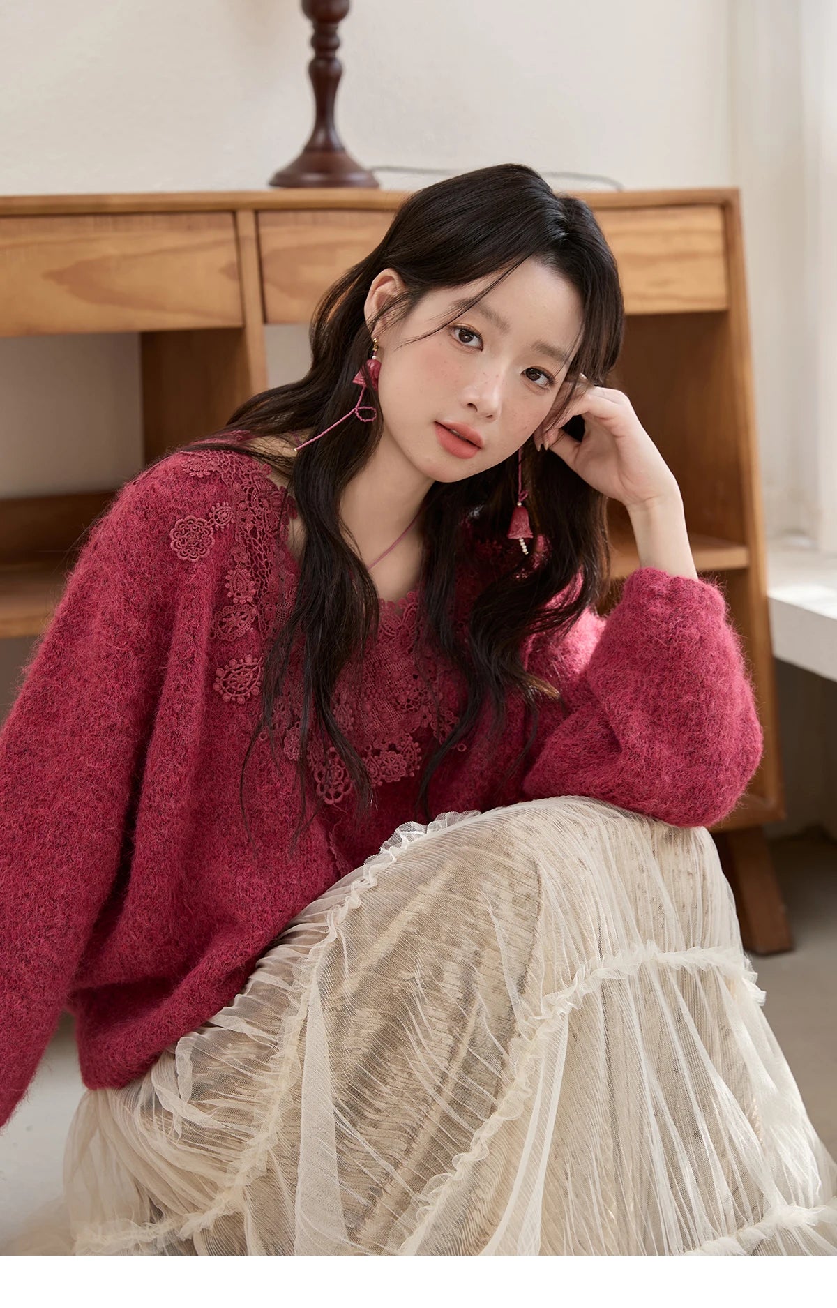 Mishow Pink Lace Wool V-Neck Lantern Sleeve Pullover MXE51Z2632