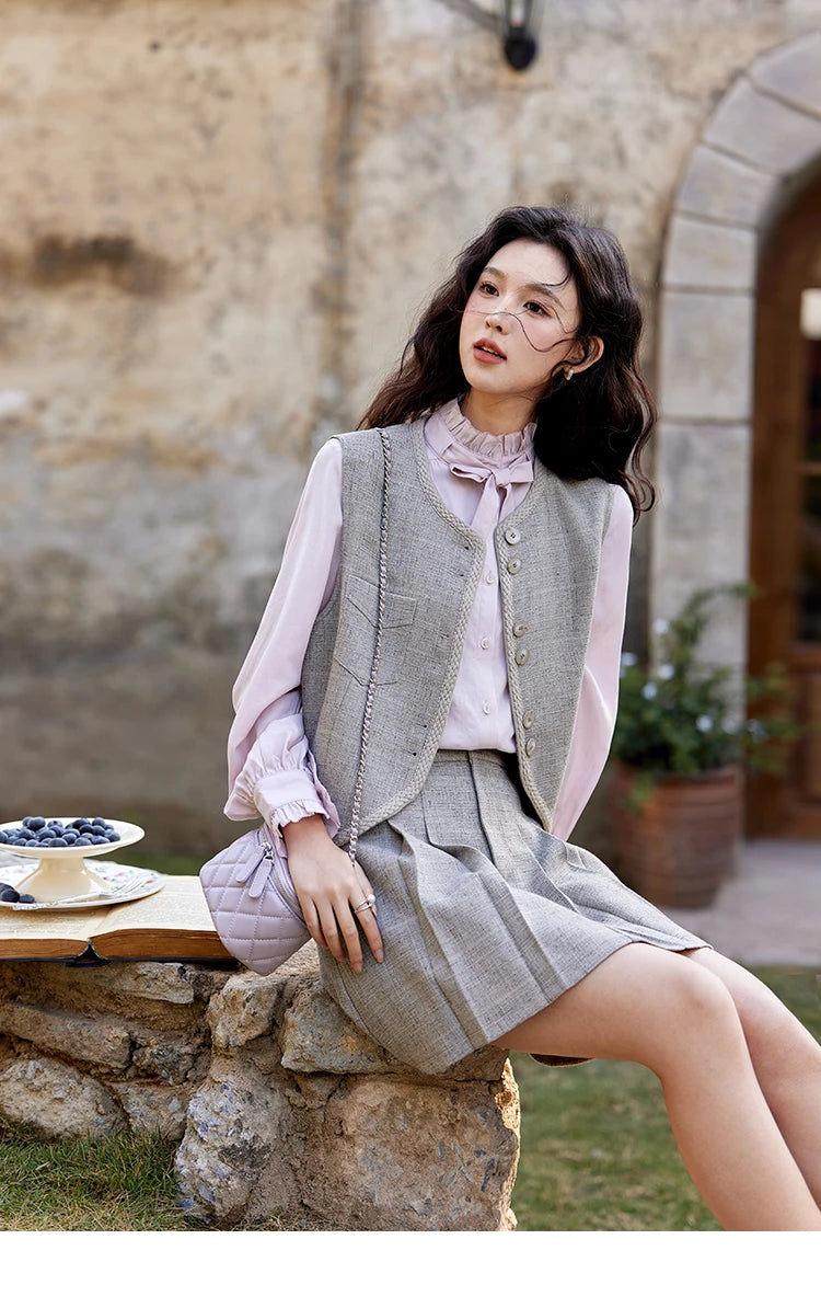 Mishow Korean Woolen Vest & Pleated Mini Skirt Set MXE13W0708