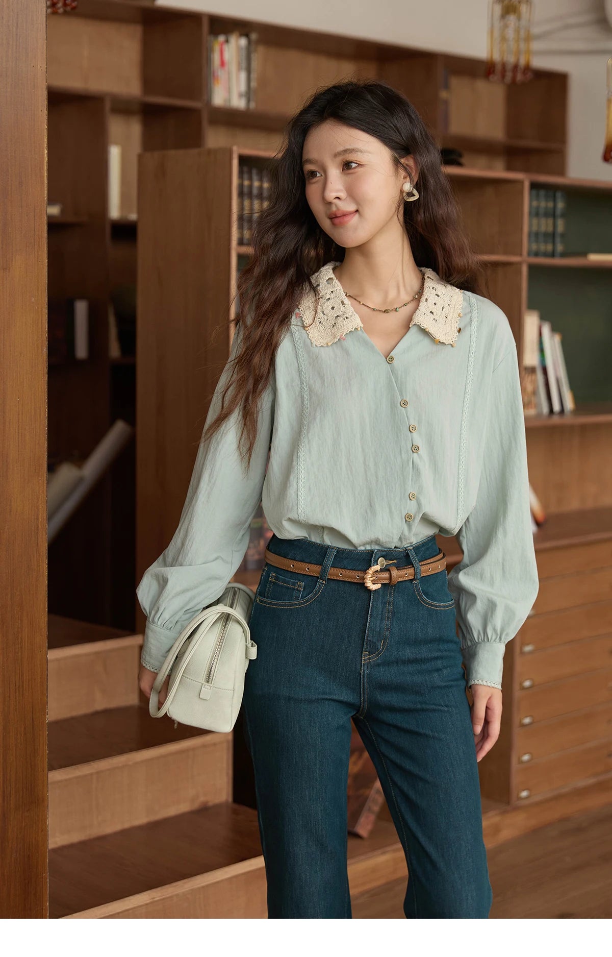 MISHOW Linen Shirt Contrast Apricot Lapel Curved Placket MXE43C2387