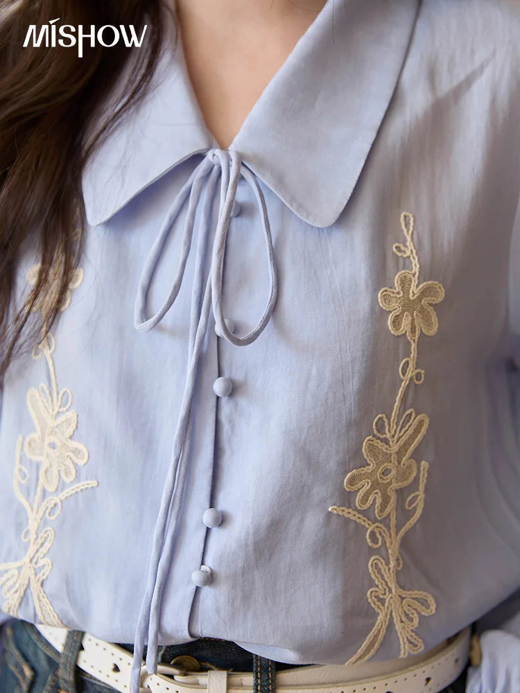 MISHOW Lyocell T-Shirt Flower Embroidered Puff Sleeves Lace-Up MXE42C2371