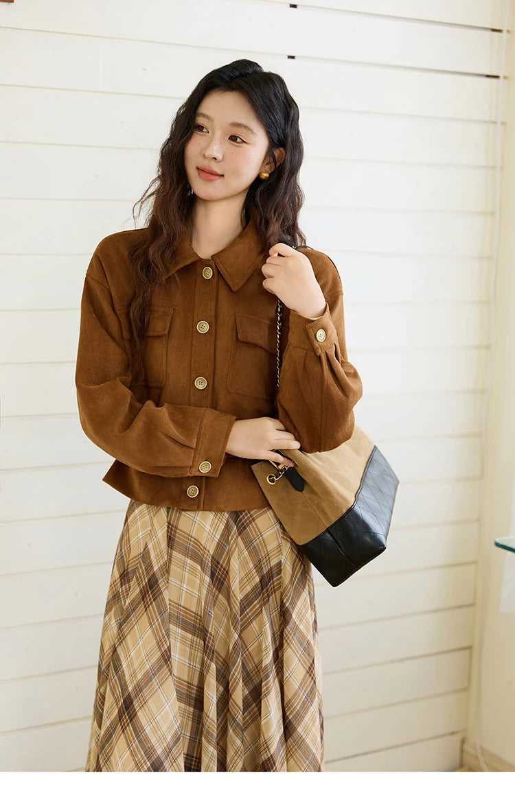 MISHOW Brown Lapel Jacket Metal Button Decorated Windproof MXE46W0864