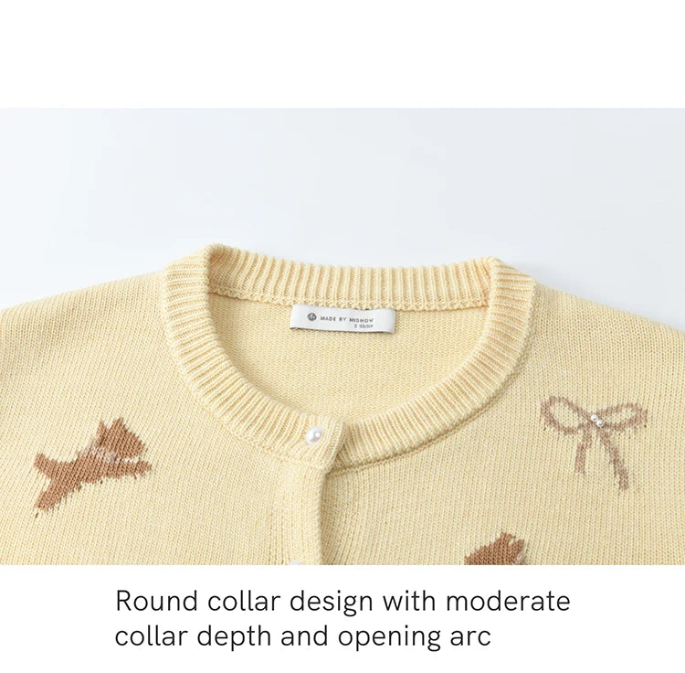 Mishow Yellow Dog Bow Jacquard Pearl Button Sweater MXE13Z1197