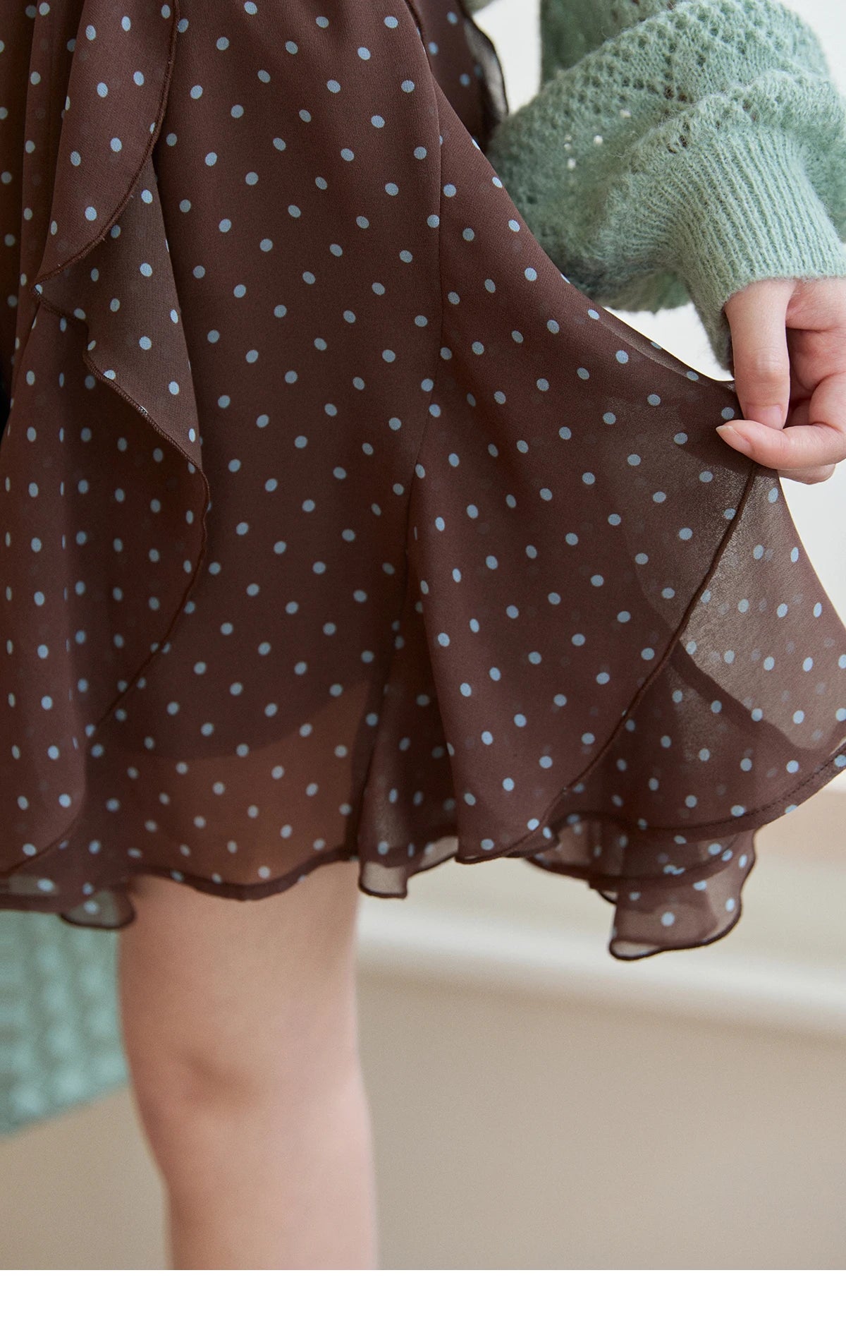 Mishow Brown Polka Dot Ruffled Chiffon Mini Skirt MXF13B2476