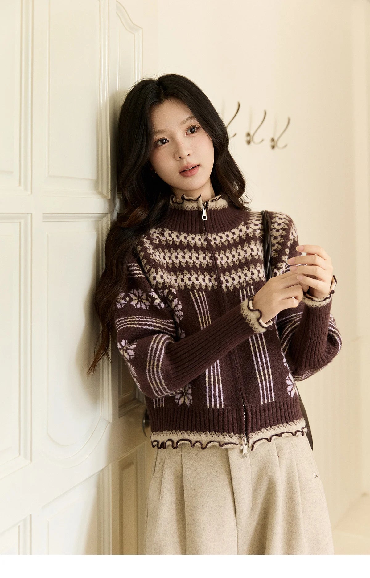 Mishow Brown Fair Isle Lantern Sleeve Zipper Top MXE91Z2868