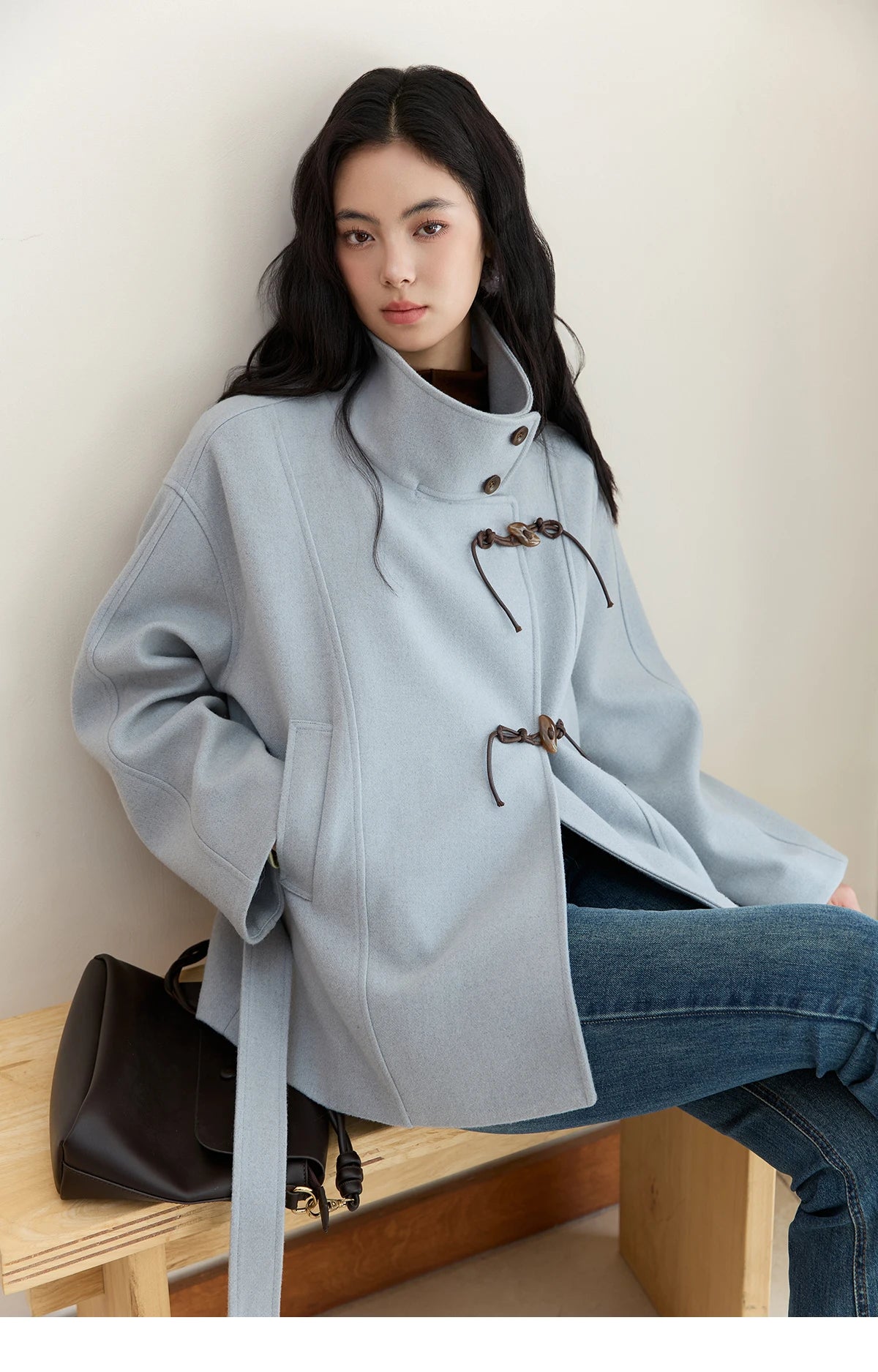 Mishow Blue Double-Breasted Lace Up Woolen Coat MXE51W0872