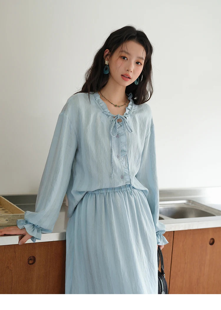 Mishow Light Blue Linen V-Neck Lace-Up Shirt & Elastic Skirt Set MXE41T0700