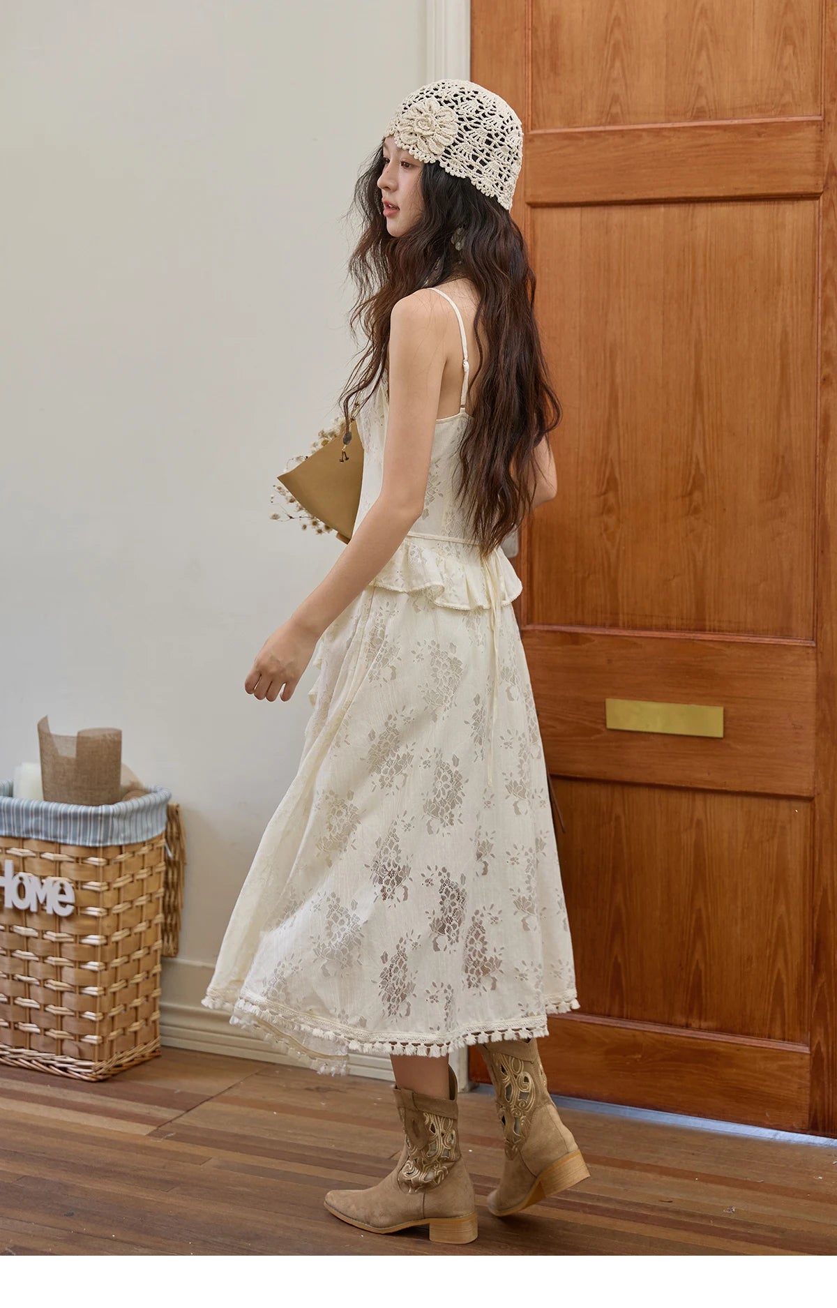 MISHOW Bohemian Apricot Lace Ruffle Tassel Dress MXE43L2449