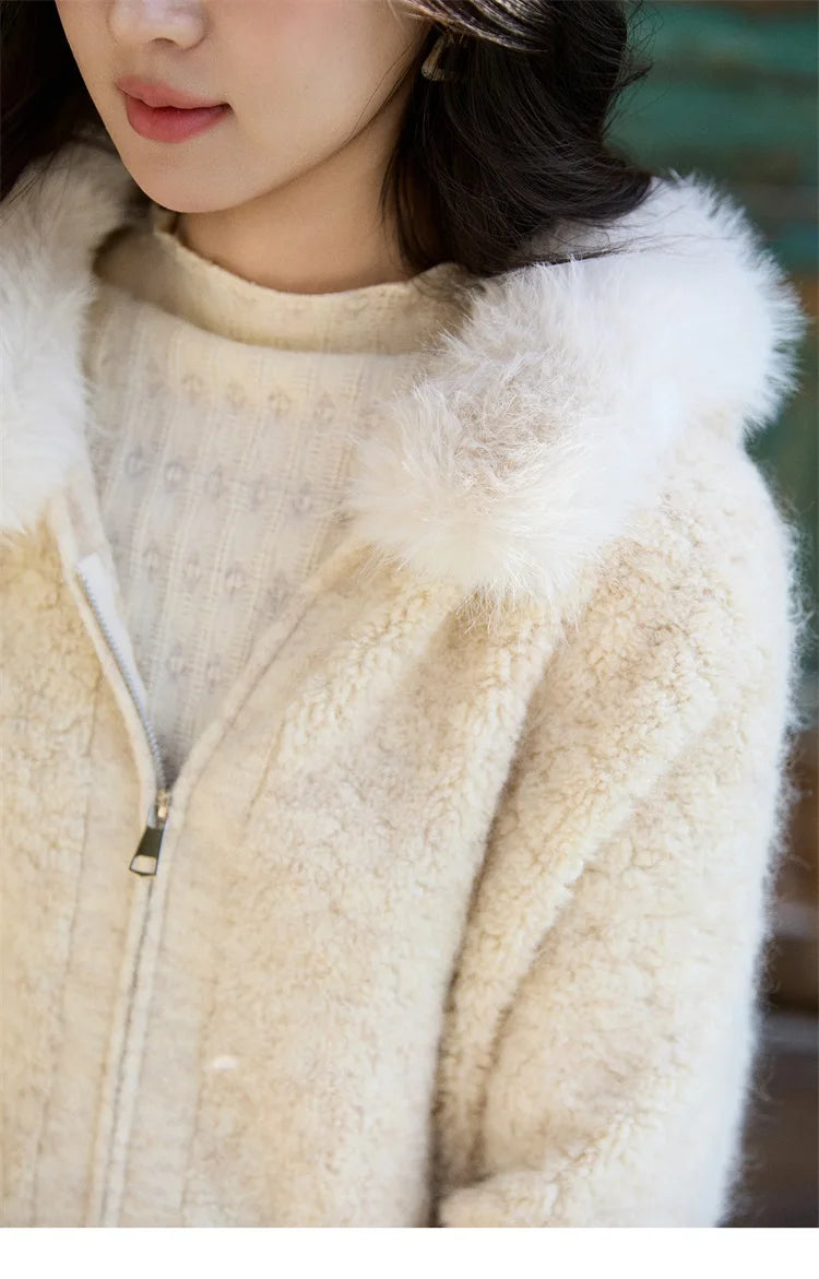 Mishow Beige Fur Hood Zipper Cardigan MXE94Z2963