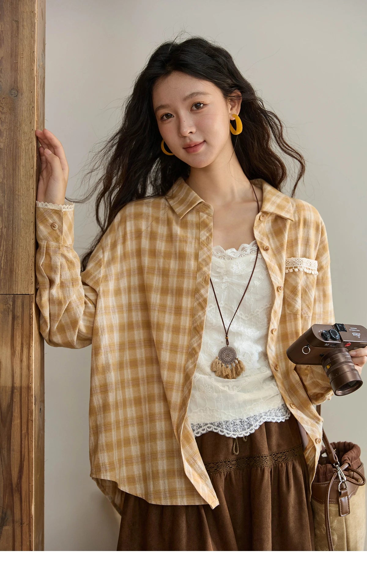 MISHOW Retro Plaid Shirt Lace Pocket Lapel Collar MXE43C2378