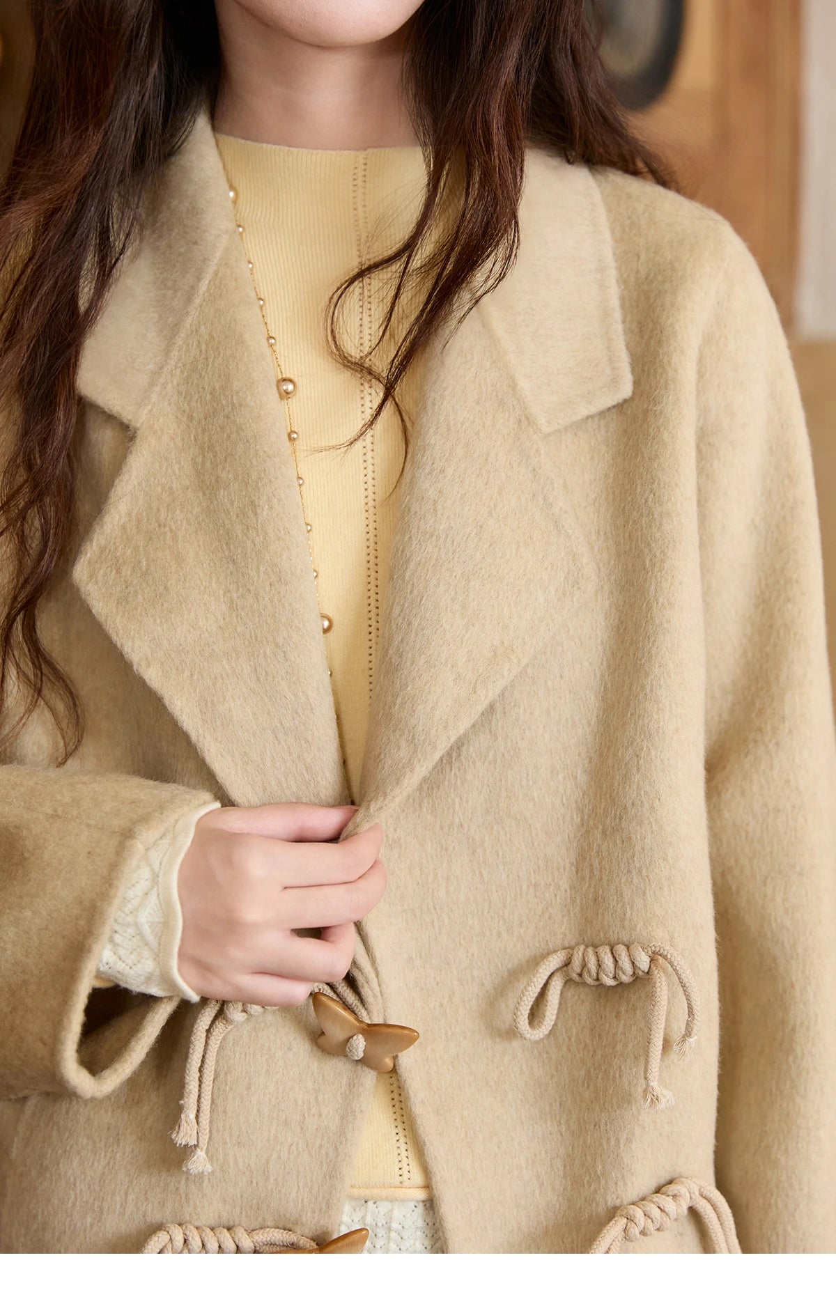 Mishow 100% Wool Retro Apricot Double-Faced Butterfly Button Coat MXE51W0887