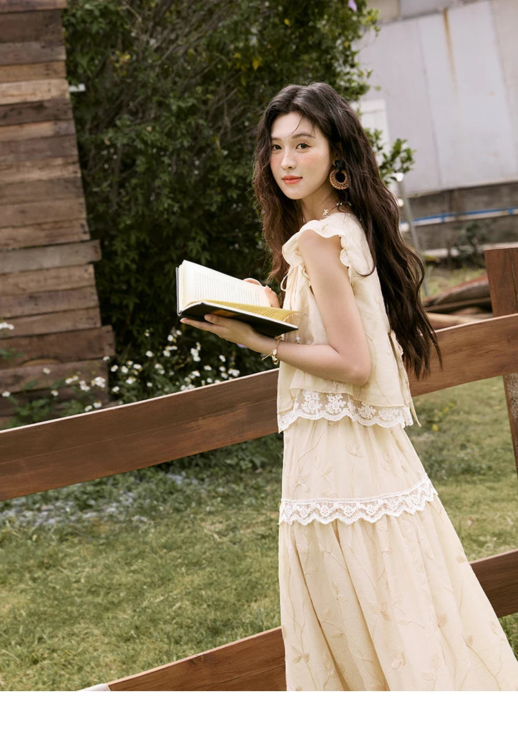Mishow Short Flying Sleeve Top & Hollow Embroidery A-Line Skirt Set MXE33T0545