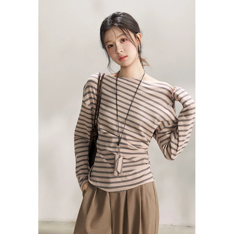 Mishow Striped Boat Neck T-Shirt with Necklace MXF13T1514