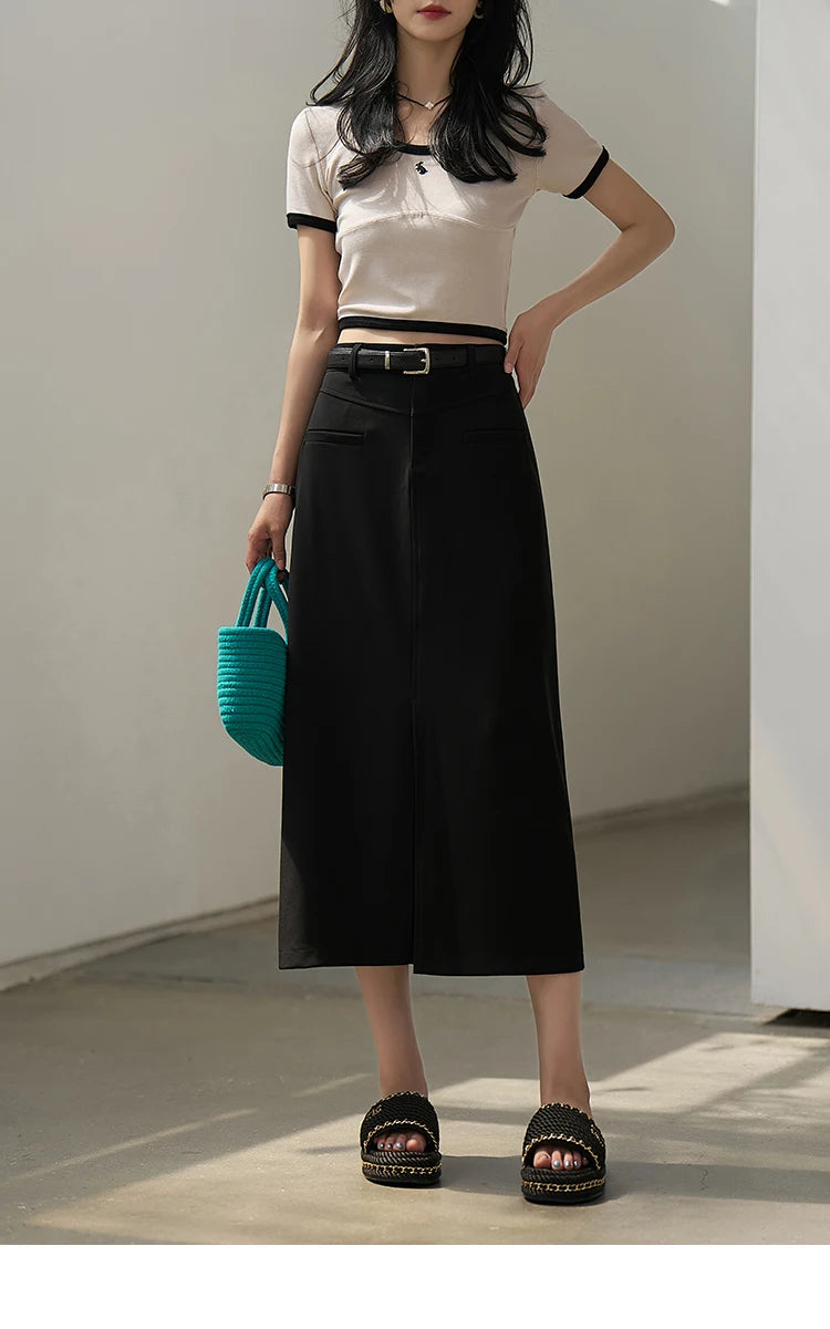 MISHOW Suit Straight Midi Skirt High Waist Slim Front Fork Rear Elastic MXC15B0026