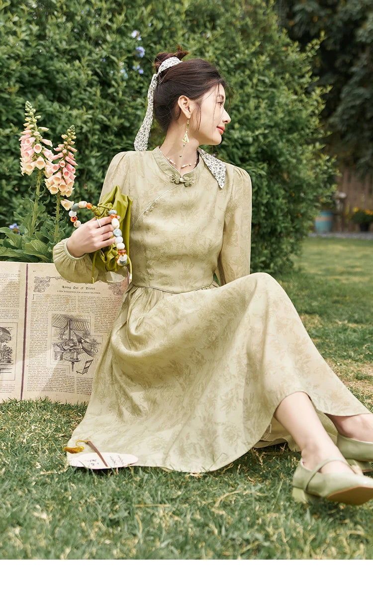 Mishow Chinese Cheongsam Green Puff Sleeve Dress MXD14L1767