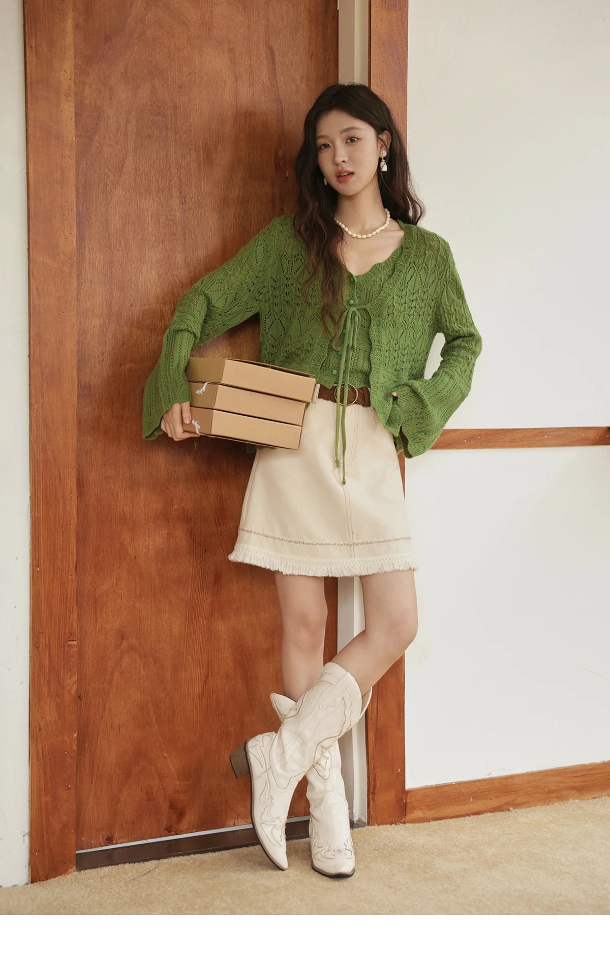 Mishow Flared Sleeve Lace-Up Cardigan & Camisole Set MXE42T0717